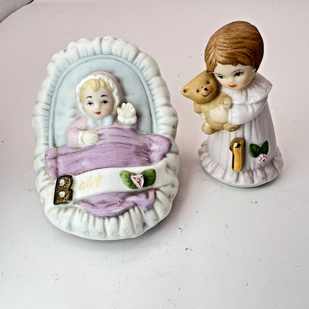 Vintage Enesco Growing Up Birthday Girls Baby Birth & Age 1 Figurines Brunette